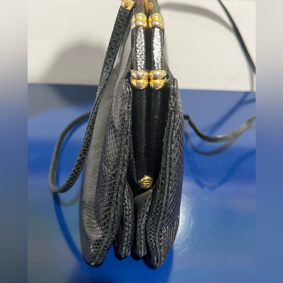 Judith Leiber Leather Snakeskin Reptile Bag Purse Clutch Black Gold Vintage 80s - Picture 8 of 12